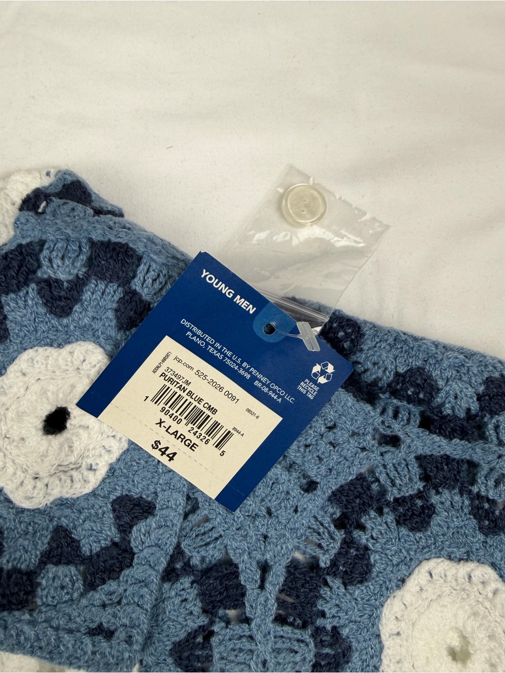 Arizona Jean Company Blue and White Crochet Short-Sleeve Button-Up Shirt - Picture 3 of 4
